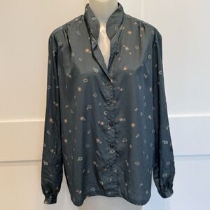Vintage Amanda Floral‎ Button Front Blouse Women's 11/12 Blue Band Collar LS